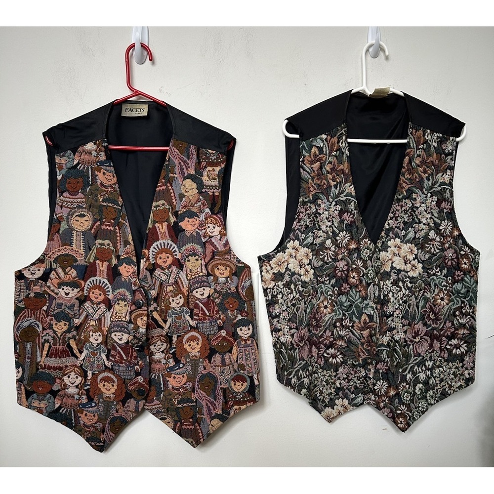 Vtg Womens Tapestry Vest Retro Preppy Evelyn Ayers 2pc Lot Multicultural Sz‎ 3XL